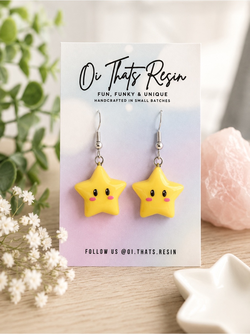 Handmade Kawaii Yellow Star Face Dangle Earrings | Cute Resin Earrings
